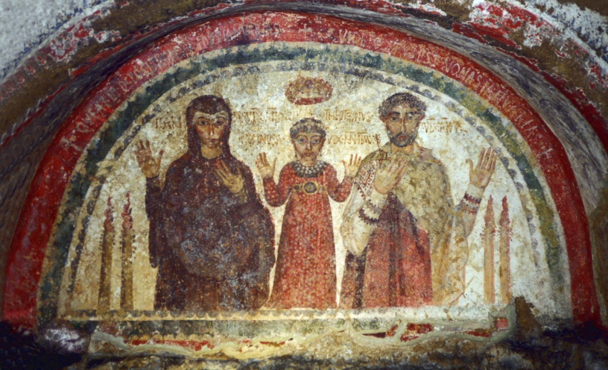 Early Christian family fresco in the Catacombs of San Gennaro